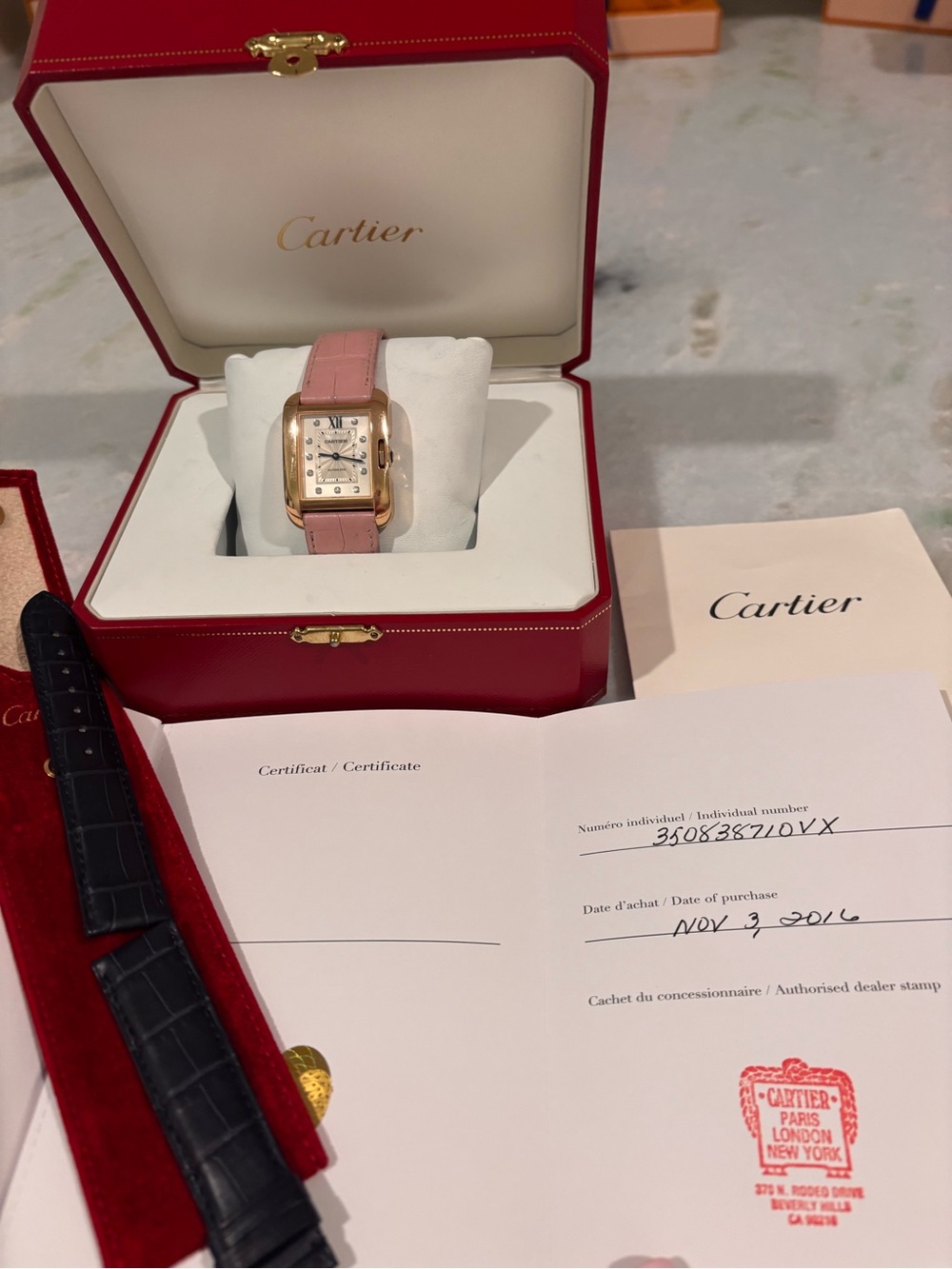 Cartier Tank Anglaise Large Rose Gold Case Watch with Pink Leather Strap